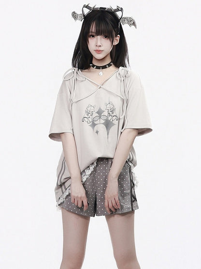 Summer Light Gray Cartoon Print V-Neck Top with Ties and Lace - PINK SAVIOR