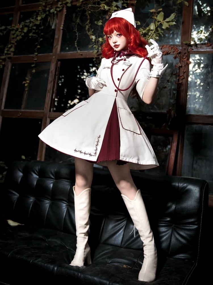 Weißes und rotes Halloween-Kostüm, Krankenschwester-Lolita-Kleid, komplettes Set