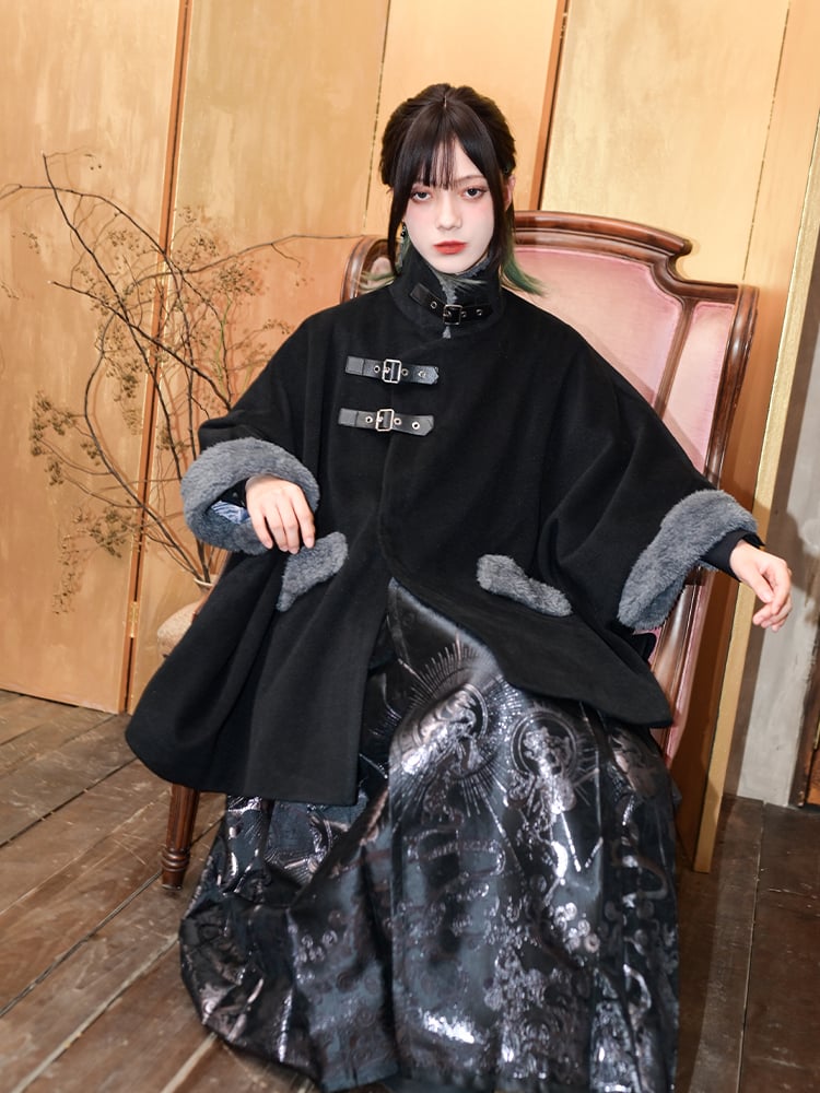+ PU Collar Cheongsam Cape Black Gothic with Coat Buckles Faux Cuffs Regular/Thicken Fur