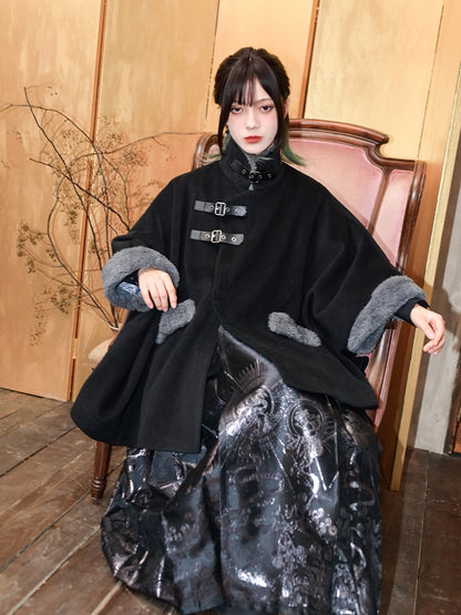 + PU Collar Cheongsam Cape Black Gothic with Coat Buckles Faux Cuffs Regular/Thicken Fur