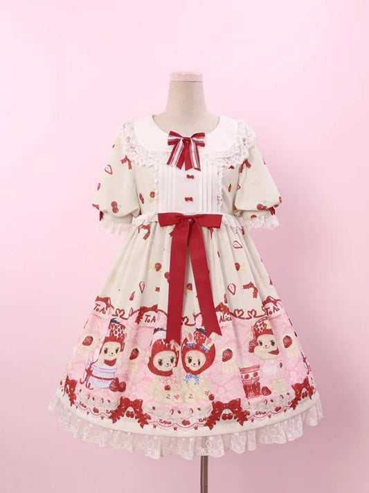 Cottagecore OP Erdbeer- und Bärendruck Sweet Country Beige Chiffon Lolita Kleid