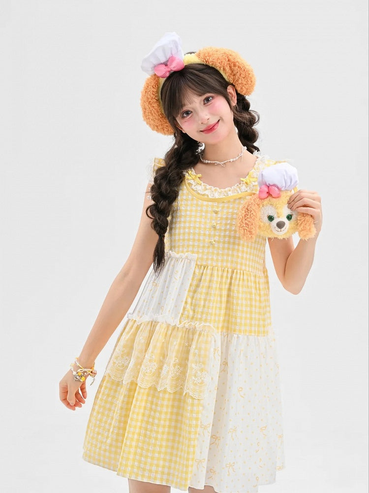Plaid Dress Tiered Yellow Patchwork Design Flutter Sleeves Sweet