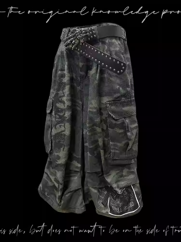 Camourflage Cross and Skeleton Appliques Cargo Shorts Pockets