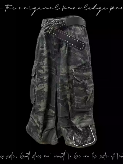 Camourflage Cross and Skeleton Appliques Cargo Shorts Pockets