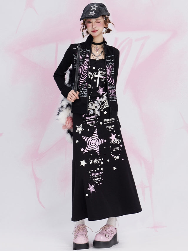 Black Y2K Stars Print High Neck Zip Closure Top