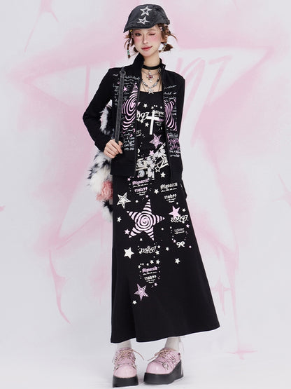 Black Y2K Stars Print High Neck Zip Closure Top