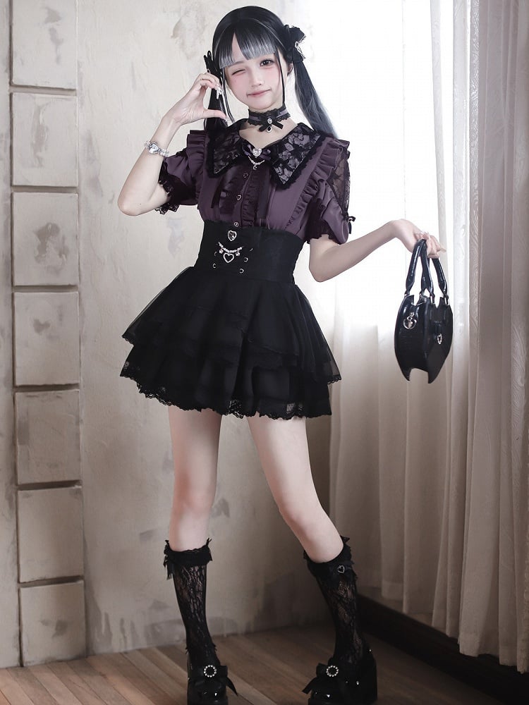 Jirai Kei Purple Lace Cutout Shoulder Short Sleeve Blouse with Ruffle Details - Ekomi