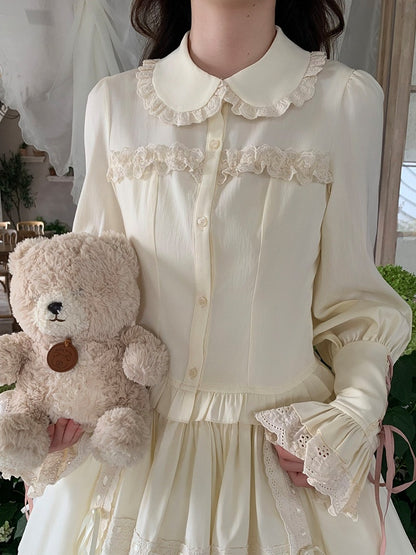 Lace-up Cuff Long Sleeve Blouse Lace Bow - Lan Jian Chuan