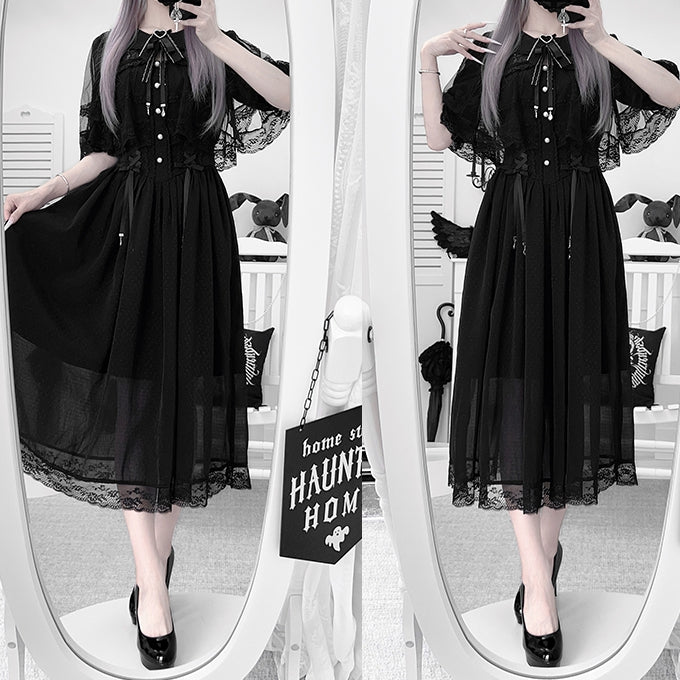 Schwarz mit Spitze, Schnürung, Jirai-Silhouette, verstellbar und Taille, Kei-Kleid, Chiffon-Umhang