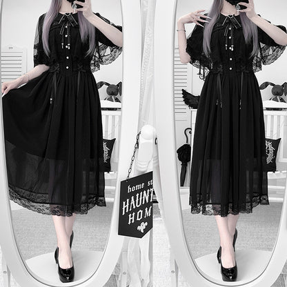 Schwarz mit Spitze, Schnürung, Jirai-Silhouette, verstellbar und Taille, Kei-Kleid, Chiffon-Umhang