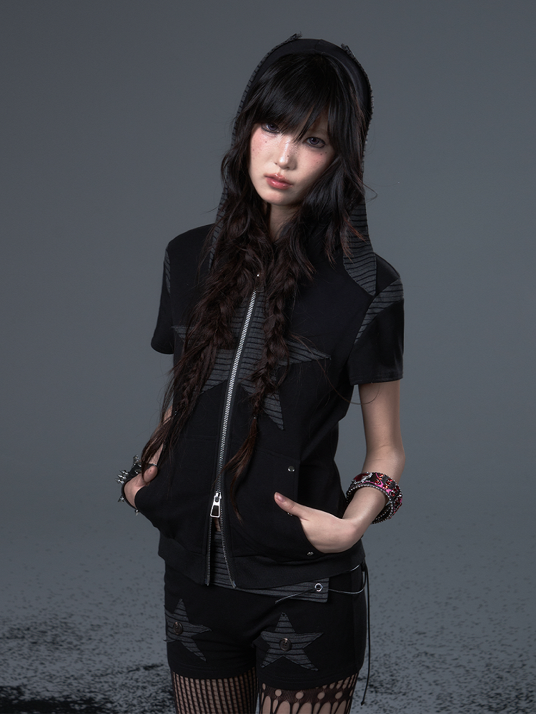 Low-Rise Black Punk Knit Shorts With Vintage Star Stripes  Hand-Sewn Details