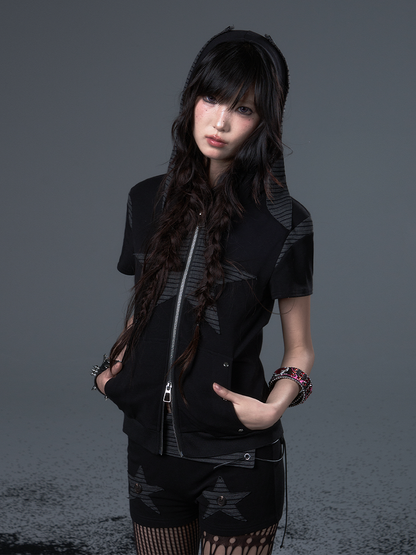 Low-Rise Black Punk Knit Shorts With Vintage Star Stripes  Hand-Sewn Details