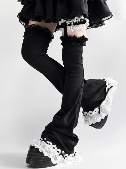 Flared Loop White in Black/Black Buckle Leg Lace Trim Adjustable Kei Jirai Warmers with
