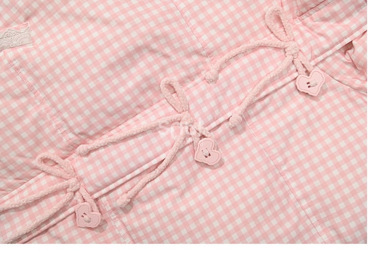 Pink Plaid Hooded Down Sweetheart Button Jacket