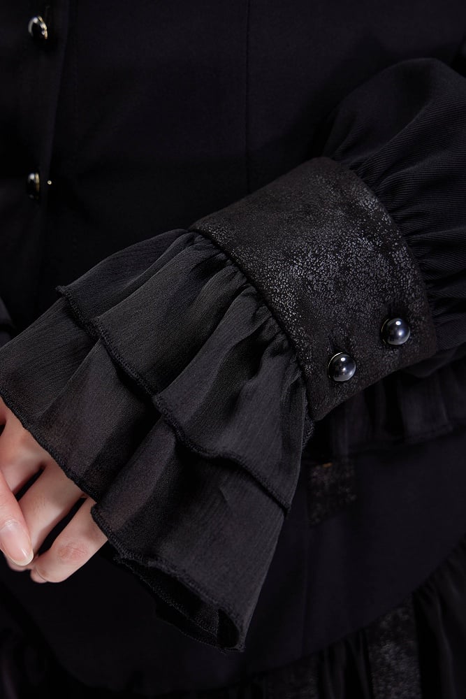 High Neck Long Sleeve Black Shirt with Ruffle Cuffs and Spider Bowtie - DevilInspired Exclusive Collection