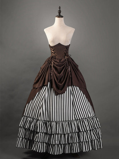 Black and White Striped Tiered Hemlline Steampunk Lolita Skirt