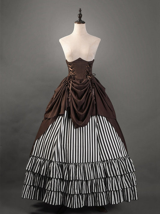 Black and White Striped Tiered Hemlline Steampunk Lolita Skirt