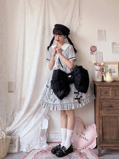 Color Black Bow Tulle Backpack Big Solid