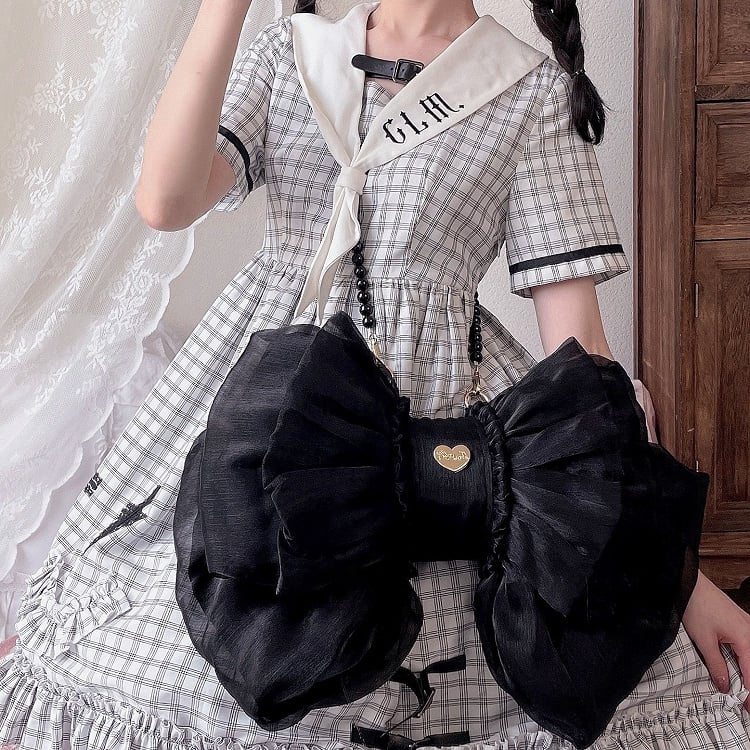 Color Black Bow Tulle Backpack Big Solid