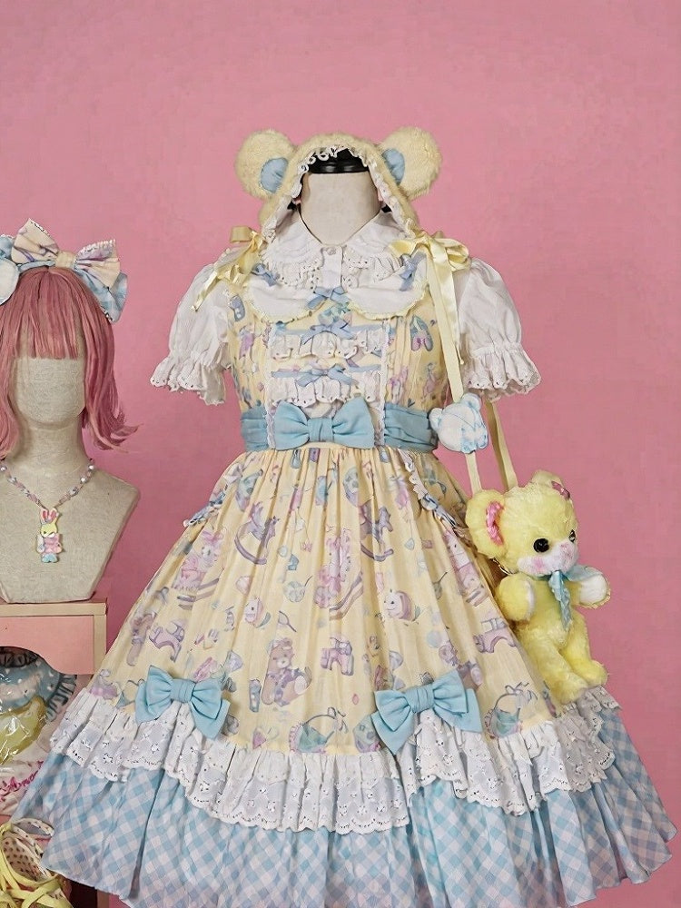 Adorable Lolita JSK Gown in Yellow and Blue with Lace Trim Detail - Vcastle