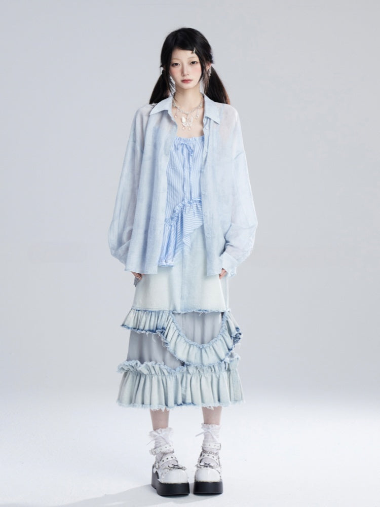 Jeansrock mit Taille, gestufte Rüschen, asymmetrisch, verblasste Waschung, blau, niedrig