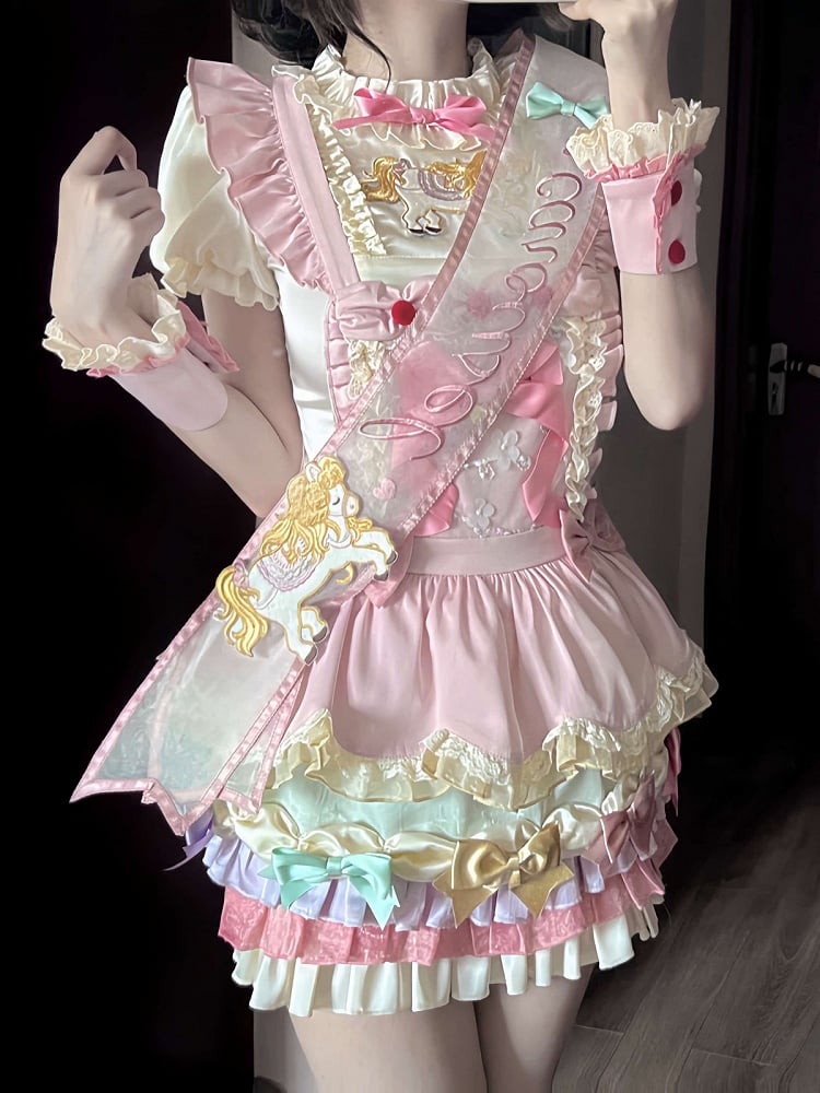 Kawaii Pink 3D Horse Embroidery Short Sleeve Blouse with Bow Layered Ruffle Skirt Set - Sweet Dream Box