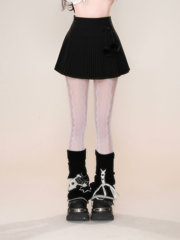 Pompoms Decorated Skirt Bowknot with Black/Gray/White Pleated Detachable