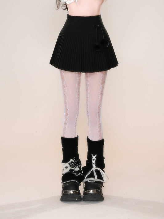 Pompoms Decorated Skirt Bowknot with Black/Gray/White Pleated Detachable