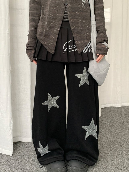 Star Pants Rhinestone Hotfix Y2K Wide-Leg Black