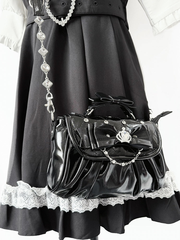 Bag Black with Bow Rhinestone - Jirai Crossbody Kei Interchangeable Crown Strap Heart