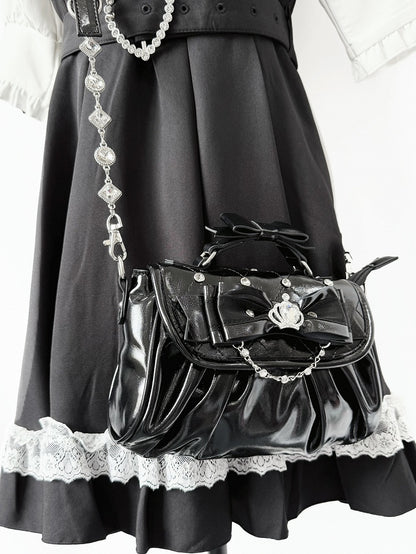 Bag Black with Bow Rhinestone - Jirai Crossbody Kei Interchangeable Crown Strap Heart