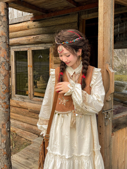 Brown Floral Embroidery Star Charm Hem Vest