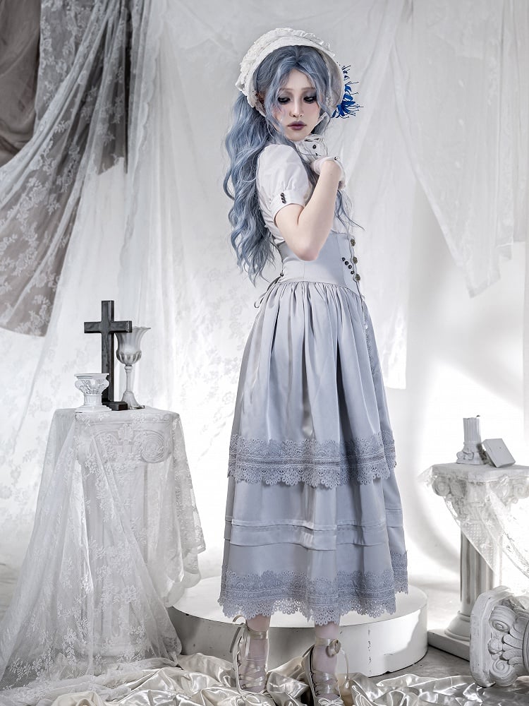 Shirt Sleeves High Pin Neck Jabot and Bow White with Detachable Short