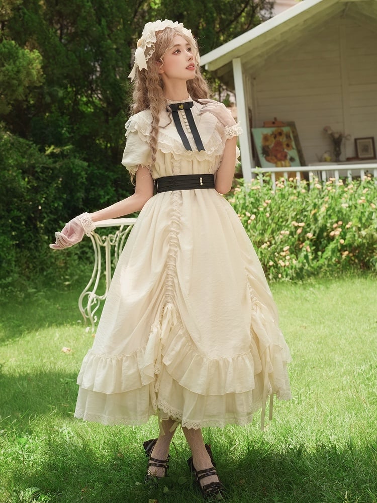 Schleifen Beige Fashion Kordelzug Lolita Kleid Schwarz mit Design Vielseitig und Taillengürtel