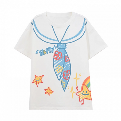 ホワイト ラウンドネック セーラーカラー プリント ゆったり かわいい Tシャツ