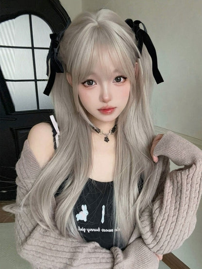 Light Gray 71cm Long Straight Wig with Air Bangs - Alice Garden