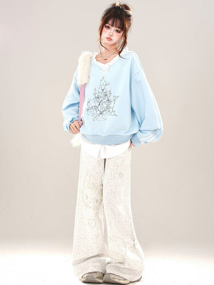 Grey/Blue Lampstand Print Ruffle Trim V-neck Sweatshirt