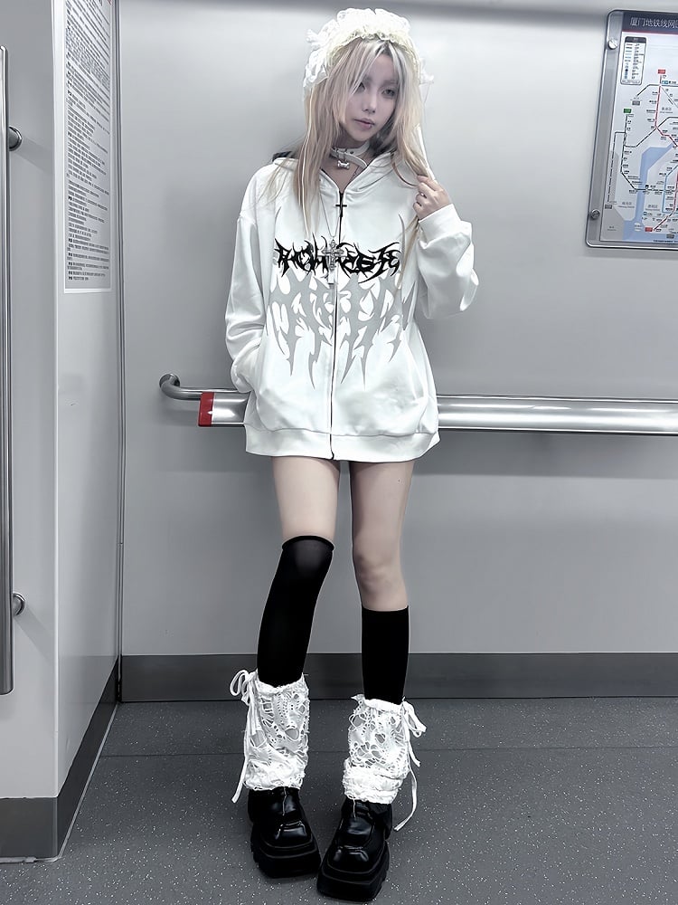 Weißer Kapuzenpullover mit Reißverschluss und Emo-Punk-Grafik