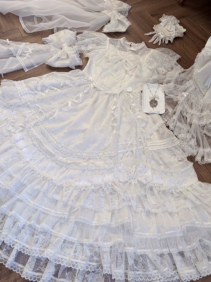 Ivory Floral Embroidered Lolita Gown with Lace Trim and Bow Train - Mademoiselle Pearl
