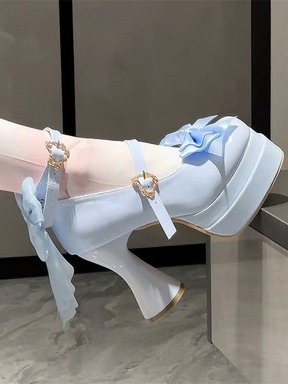 Decorative Platform Sky Bows Sweet Lolita Blue with in Round-Toe Mary Janes High-heel