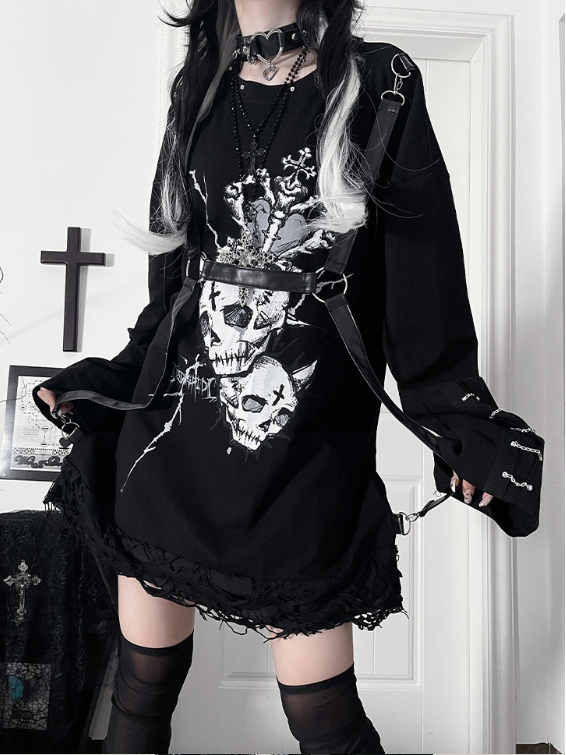 Punk Straps Heart Accents Top Print Long-Sleeve Black Gray Chain Cuff PU with Subculture