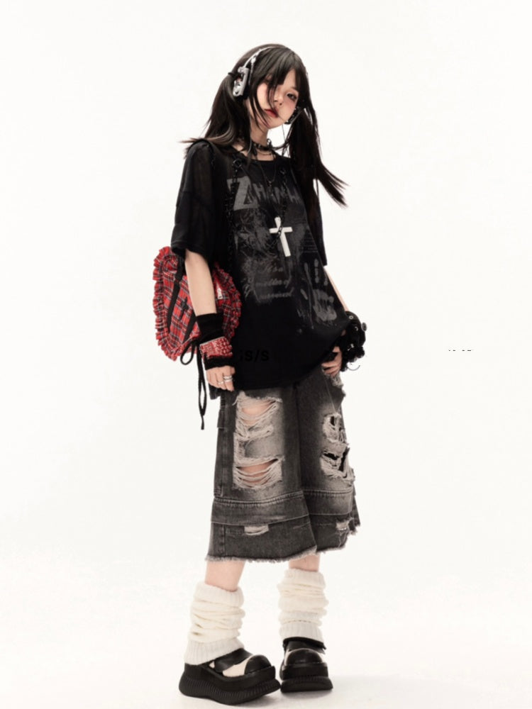 Coverup White/Black Round Neck Punk Print Semi-sheer