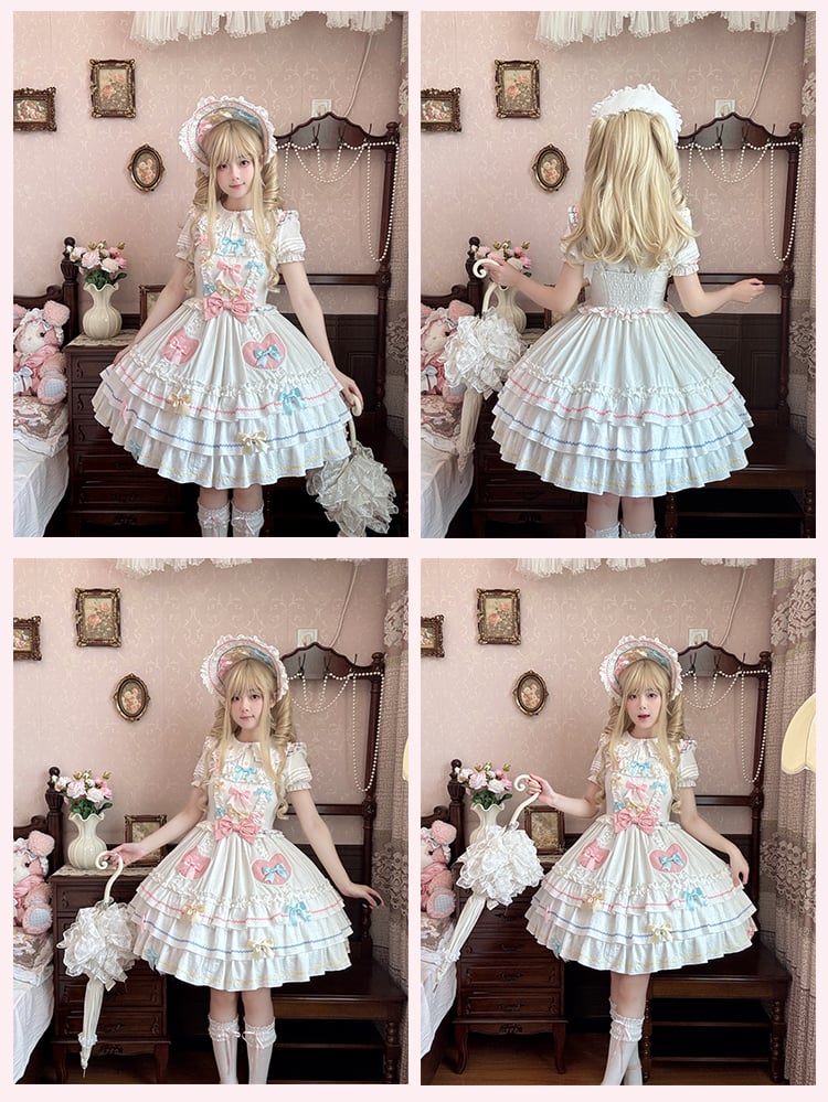 Macaron Farbe Bowknots Weiß Rock Flattern Süße Lolita Kleid Ärmeln JSK Tiered