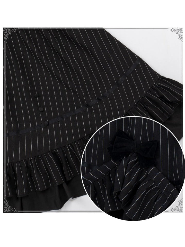 Black Striped Long Sleeve Lolita OP Dress Full Set with Mini Hat & 2-Way Bow Brooch - With PUJI