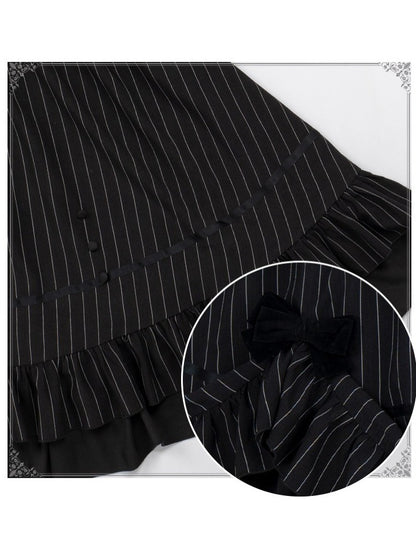 Black Striped Long Sleeve Lolita OP Dress Full Set with Mini Hat & 2-Way Bow Brooch - With PUJI