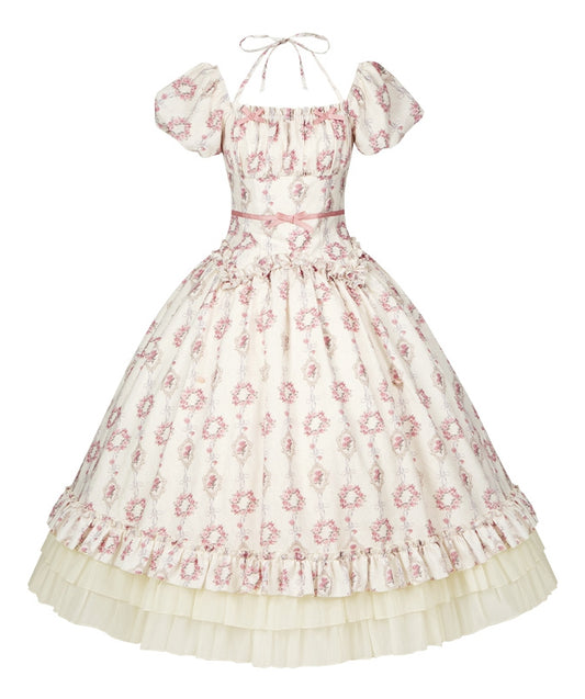 Elastisches langes klassisches Lolita-Kleid mit quadratischem Ausschnitt und Blumenmuster