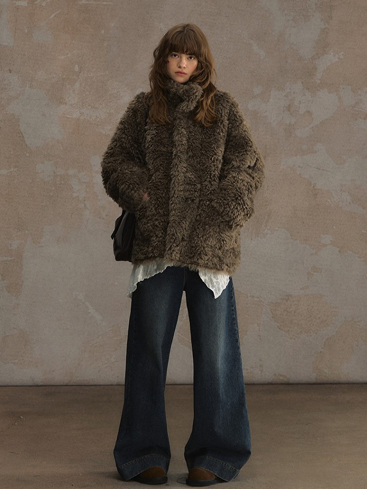 Reversible Suede and Fleece Coat with Fluffy Accents Khaki/Dark Brown