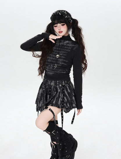 Thin Waist Top Letter with Fleece Black High-neck Ruched Print