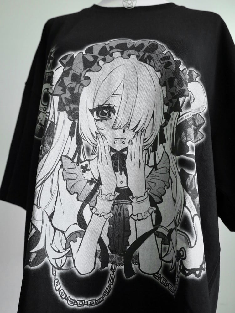 ネックブラックホワイト ケイジライ ラウンドプリント 漫画ガール Tシャツ
