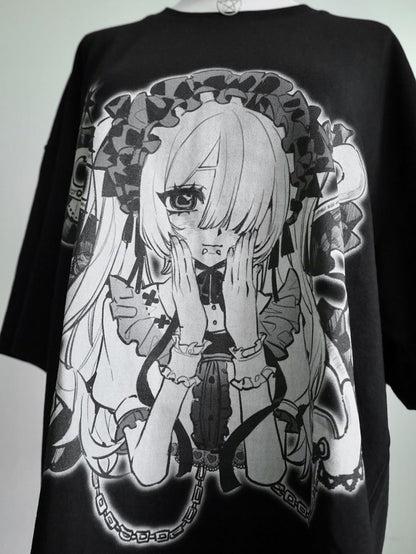 ネックブラックホワイト ケイジライ ラウンドプリント 漫画ガール Tシャツ